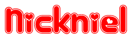 The image is a red and white graphic with the word Nickniel written in a decorative script. Each letter in  is contained within its own outlined bubble-like shape. Inside each letter, there is a white heart symbol.