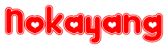 The image is a red and white graphic with the word Nokayang written in a decorative script. Each letter in  is contained within its own outlined bubble-like shape. Inside each letter, there is a white heart symbol.