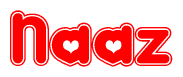The image is a clipart featuring the word Naaz written in a stylized font with a heart shape replacing inserted into the center of each letter. The color scheme of the text and hearts is red with a light outline.
