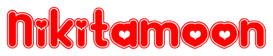 The image is a red and white graphic with the word Nikitamoon written in a decorative script. Each letter in  is contained within its own outlined bubble-like shape. Inside each letter, there is a white heart symbol.