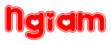 The image is a red and white graphic with the word Ngiam written in a decorative script. Each letter in  is contained within its own outlined bubble-like shape. Inside each letter, there is a white heart symbol.