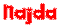 The image is a red and white graphic with the word Najda written in a decorative script. Each letter in  is contained within its own outlined bubble-like shape. Inside each letter, there is a white heart symbol.