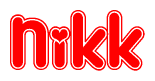 The image is a clipart featuring the word Nikk written in a stylized font with a heart shape replacing inserted into the center of each letter. The color scheme of the text and hearts is red with a light outline.