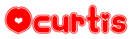 The image is a clipart featuring the word Ocurtis written in a stylized font with a heart shape replacing inserted into the center of each letter. The color scheme of the text and hearts is red with a light outline.