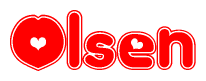 The image is a clipart featuring the word Olsen written in a stylized font with a heart shape replacing inserted into the center of each letter. The color scheme of the text and hearts is red with a light outline.