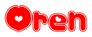 The image is a red and white graphic with the word Oren written in a decorative script. Each letter in  is contained within its own outlined bubble-like shape. Inside each letter, there is a white heart symbol.