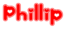 The image is a red and white graphic with the word Phillip written in a decorative script. Each letter in  is contained within its own outlined bubble-like shape. Inside each letter, there is a white heart symbol.