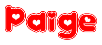 The image is a red and white graphic with the word Paige written in a decorative script. Each letter in  is contained within its own outlined bubble-like shape. Inside each letter, there is a white heart symbol.
