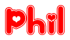 The image displays the word Phil written in a stylized red font with hearts inside the letters.