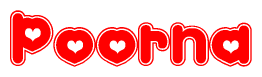 The image displays the word Poorna written in a stylized red font with hearts inside the letters.