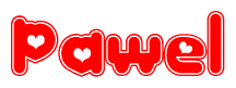The image is a red and white graphic with the word Pawel written in a decorative script. Each letter in  is contained within its own outlined bubble-like shape. Inside each letter, there is a white heart symbol.