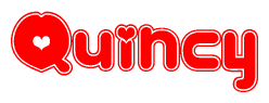 The image is a red and white graphic with the word Quincy written in a decorative script. Each letter in  is contained within its own outlined bubble-like shape. Inside each letter, there is a white heart symbol.