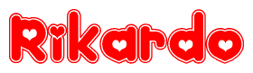 The image is a red and white graphic with the word Rikardo written in a decorative script. Each letter in  is contained within its own outlined bubble-like shape. Inside each letter, there is a white heart symbol.