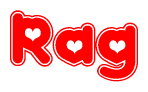 The image displays the word Rag written in a stylized red font with hearts inside the letters.