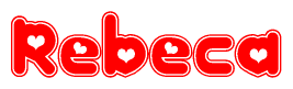 The image is a red and white graphic with the word Rebeca written in a decorative script. Each letter in  is contained within its own outlined bubble-like shape. Inside each letter, there is a white heart symbol.