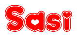The image is a clipart featuring the word Sasi written in a stylized font with a heart shape replacing inserted into the center of each letter. The color scheme of the text and hearts is red with a light outline.