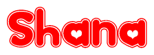 The image is a red and white graphic with the word Shana written in a decorative script. Each letter in  is contained within its own outlined bubble-like shape. Inside each letter, there is a white heart symbol.