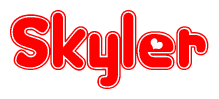 The image is a red and white graphic with the word Skyler written in a decorative script. Each letter in  is contained within its own outlined bubble-like shape. Inside each letter, there is a white heart symbol.