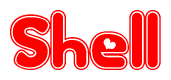 The image is a clipart featuring the word Shell written in a stylized font with a heart shape replacing inserted into the center of each letter. The color scheme of the text and hearts is red with a light outline.