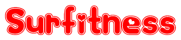 The image is a red and white graphic with the word Surfitness written in a decorative script. Each letter in  is contained within its own outlined bubble-like shape. Inside each letter, there is a white heart symbol.