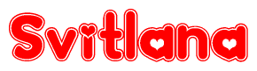 The image is a clipart featuring the word Svitlana written in a stylized font with a heart shape replacing inserted into the center of each letter. The color scheme of the text and hearts is red with a light outline.