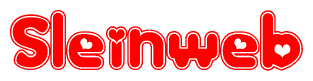 The image is a red and white graphic with the word Sleinweb written in a decorative script. Each letter in  is contained within its own outlined bubble-like shape. Inside each letter, there is a white heart symbol.