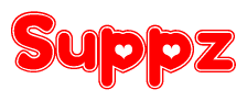 The image is a clipart featuring the word Suppz written in a stylized font with a heart shape replacing inserted into the center of each letter. The color scheme of the text and hearts is red with a light outline.