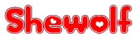 The image displays the word Shewolf written in a stylized red font with hearts inside the letters.
