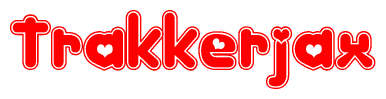 The image is a clipart featuring the word Trakkerjax written in a stylized font with a heart shape replacing inserted into the center of each letter. The color scheme of the text and hearts is red with a light outline.