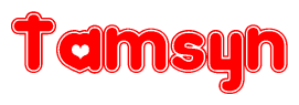 The image is a clipart featuring the word Tamsyn written in a stylized font with a heart shape replacing inserted into the center of each letter. The color scheme of the text and hearts is red with a light outline.