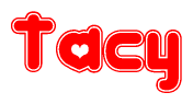The image is a red and white graphic with the word Tacy written in a decorative script. Each letter in  is contained within its own outlined bubble-like shape. Inside each letter, there is a white heart symbol.