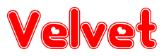 The image is a clipart featuring the word Velvet written in a stylized font with a heart shape replacing inserted into the center of each letter. The color scheme of the text and hearts is red with a light outline.