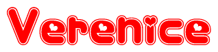 The image is a red and white graphic with the word Verenice written in a decorative script. Each letter in  is contained within its own outlined bubble-like shape. Inside each letter, there is a white heart symbol.