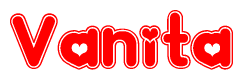 The image is a red and white graphic with the word Vanita written in a decorative script. Each letter in  is contained within its own outlined bubble-like shape. Inside each letter, there is a white heart symbol.