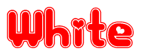The image is a red and white graphic with the word White written in a decorative script. Each letter in  is contained within its own outlined bubble-like shape. Inside each letter, there is a white heart symbol.