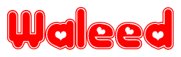 The image is a red and white graphic with the word Waleed written in a decorative script. Each letter in  is contained within its own outlined bubble-like shape. Inside each letter, there is a white heart symbol.