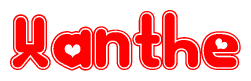 The image is a red and white graphic with the word Xanthe written in a decorative script. Each letter in  is contained within its own outlined bubble-like shape. Inside each letter, there is a white heart symbol.