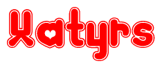 The image is a red and white graphic with the word Xatyrs written in a decorative script. Each letter in  is contained within its own outlined bubble-like shape. Inside each letter, there is a white heart symbol.