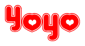 The image is a clipart featuring the word Yoyo written in a stylized font with a heart shape replacing inserted into the center of each letter. The color scheme of the text and hearts is red with a light outline.