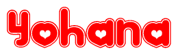 The image is a red and white graphic with the word Yohana written in a decorative script. Each letter in  is contained within its own outlined bubble-like shape. Inside each letter, there is a white heart symbol.
