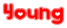 The image is a clipart featuring the word Young written in a stylized font with a heart shape replacing inserted into the center of each letter. The color scheme of the text and hearts is red with a light outline.