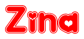 The image is a red and white graphic with the word Zina written in a decorative script. Each letter in  is contained within its own outlined bubble-like shape. Inside each letter, there is a white heart symbol.