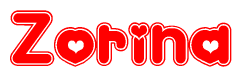 The image is a clipart featuring the word Zorina written in a stylized font with a heart shape replacing inserted into the center of each letter. The color scheme of the text and hearts is red with a light outline.