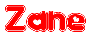 The image is a clipart featuring the word Zane written in a stylized font with a heart shape replacing inserted into the center of each letter. The color scheme of the text and hearts is red with a light outline.