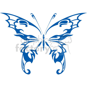 The clipart image shows a symmetrical design of a butterfly, with tribal-style patterns on its wings. The design is suitable for use in graphic design and as a tattoo design.
