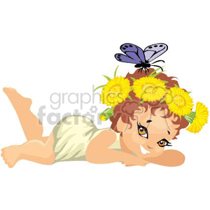Happy Little Girl Laying Down with a Swimming Suit, Flower Wreathe and a Butterfly