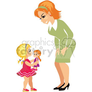 clipart - A Small Blonde Girl Holding a Doll Talking to her Teacher.