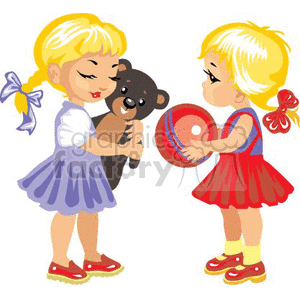 Two Little Blonde Girls Playing with their Toys  clipart.