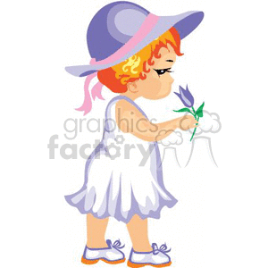 clipart - Little Red Headed Girl Wearing a White Dress Smelling a Purple Flower.