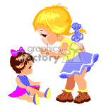This clipart image features two cartoon children. It appears to be an older girl interacting with a younger girl. The older girl has blonde hair tied with a blue bow, wearing a blue skirt, a yellow top, and brown shoes. She is bending forward slightly with her finger raised as if she is explaining something or giving a warning. The younger girl has brown hair with a pink bow, wearing a pink dress, and is sitting on the ground looking up at the older girl.